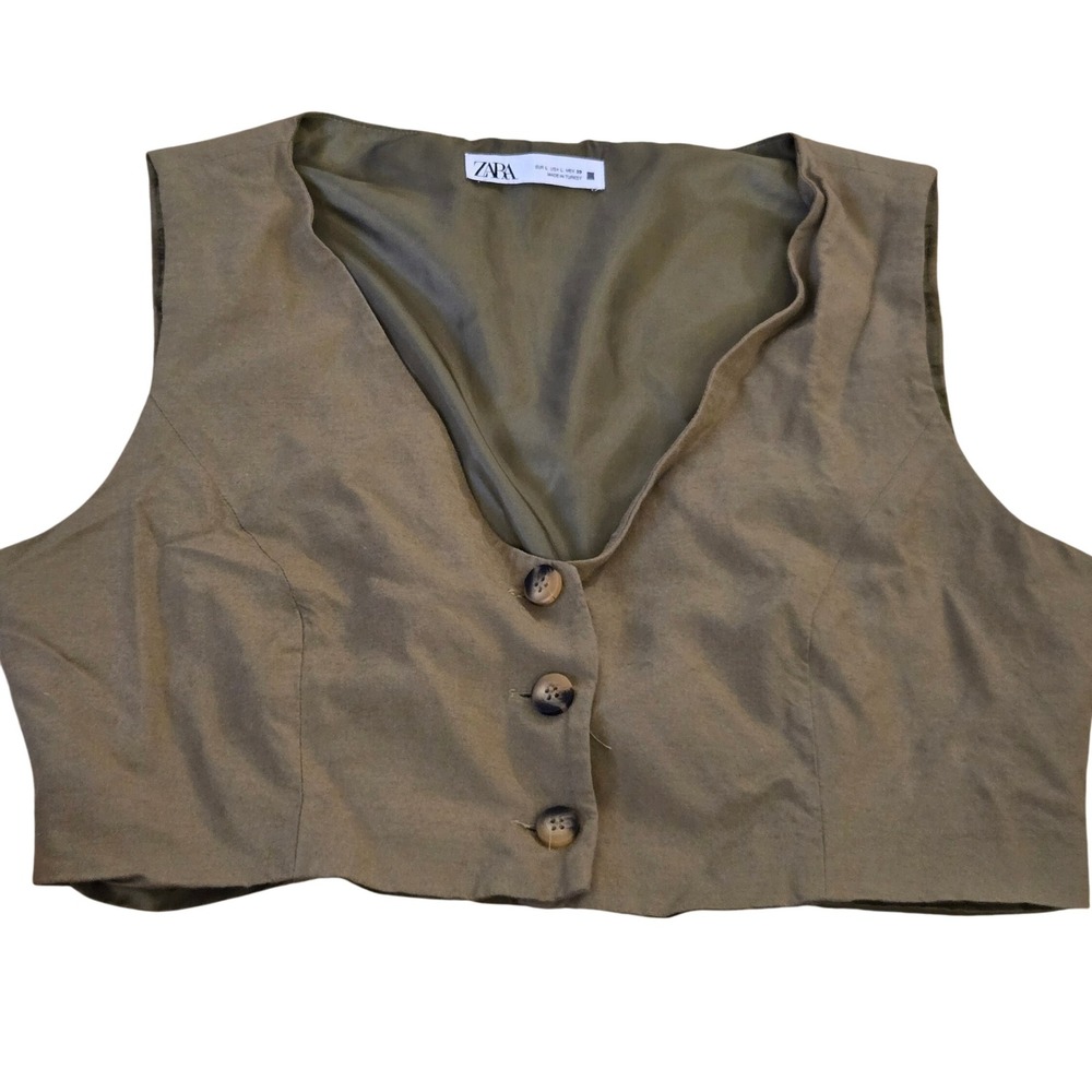 Zara Cropped Vest Top Olive Green Button Front Buckle Back‎ Womens Large